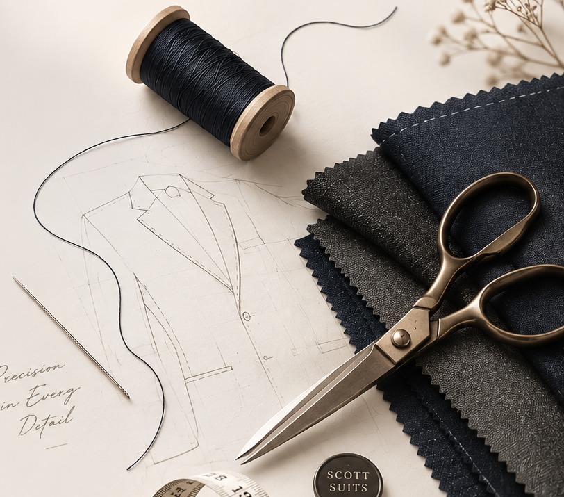 Thread spool, fabric swatches, a hand-drawn jacket pattern, a needle and shears laid out on a tailor's table